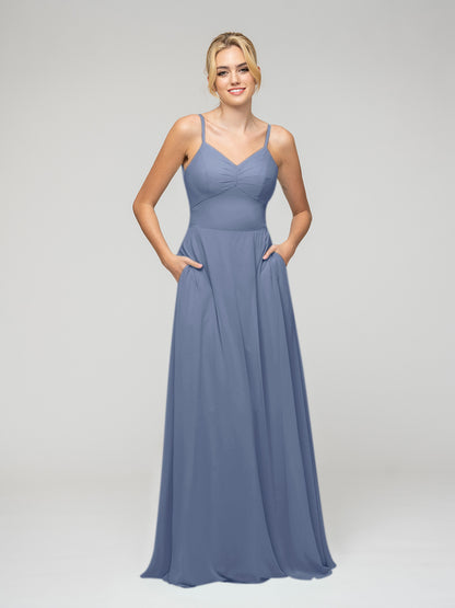 Spaghetti Strap Tie Back Long Chiffon Bridesmaid Dresses