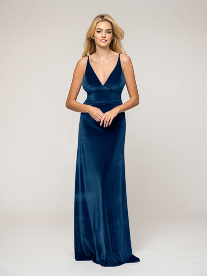 Deep V Neck Straps Velvet Sheath Long Bridesmaid Dresses