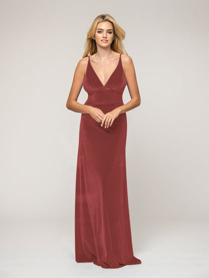 Deep V Neck Straps Velvet Sheath Long Bridesmaid Dresses