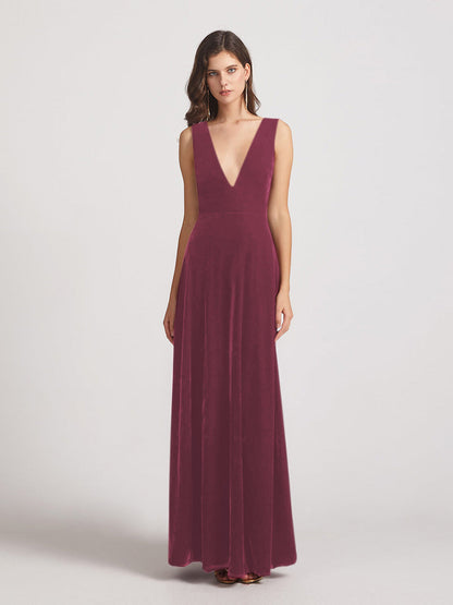 Bold V Neck A Line Velvet Bridesmaid Dresses