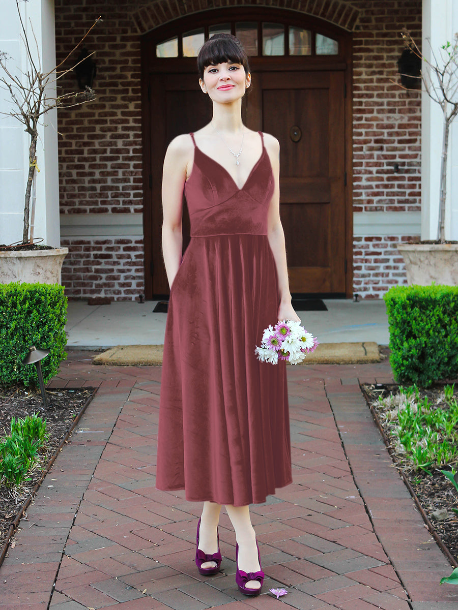 High-Low Velvet A-line V-neck Simple Tea-Length Bridesmaid Dress