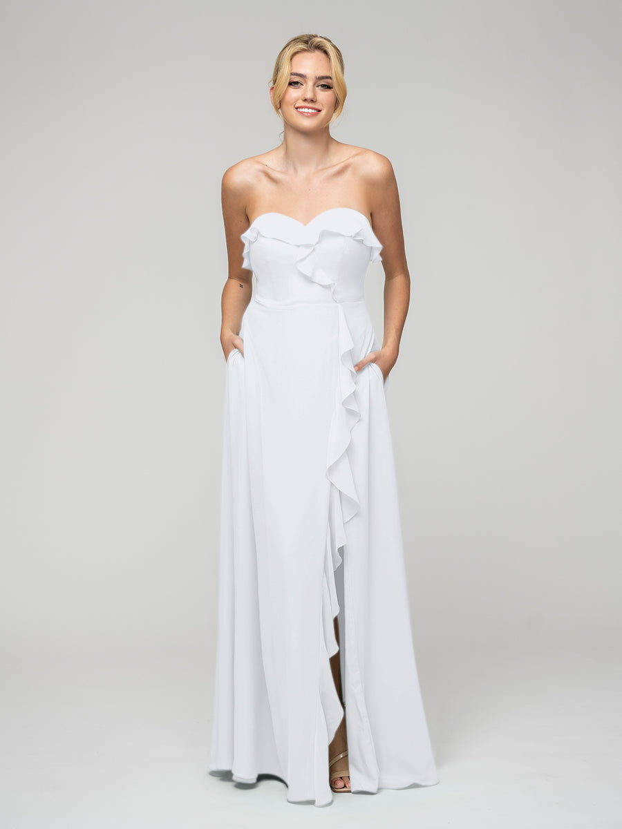 White Chiffon Strapless Long Dress