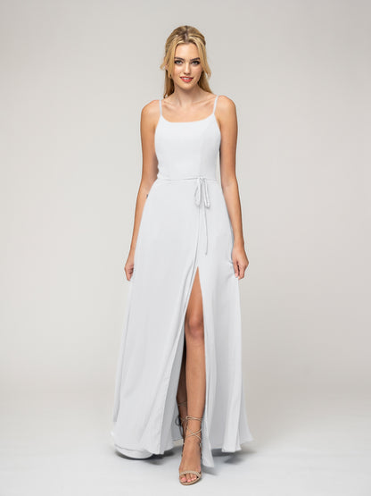 A Line Scoop Neckline Chiffon Slit Belt Bridesmaid Dresses