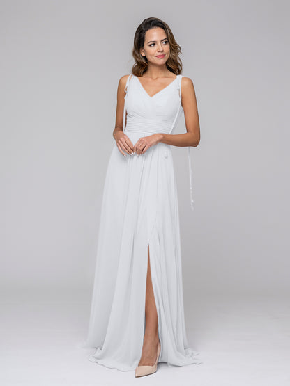 Tassel Straps V Neck Chiffon Bridesmaid Dresses With Slit Skirt