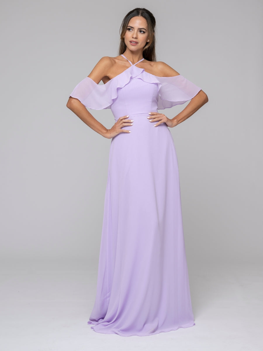 Halter Ruffles Off The Shoulder Chiffon Floor Length Bridesmaid Dresse –  Yelure