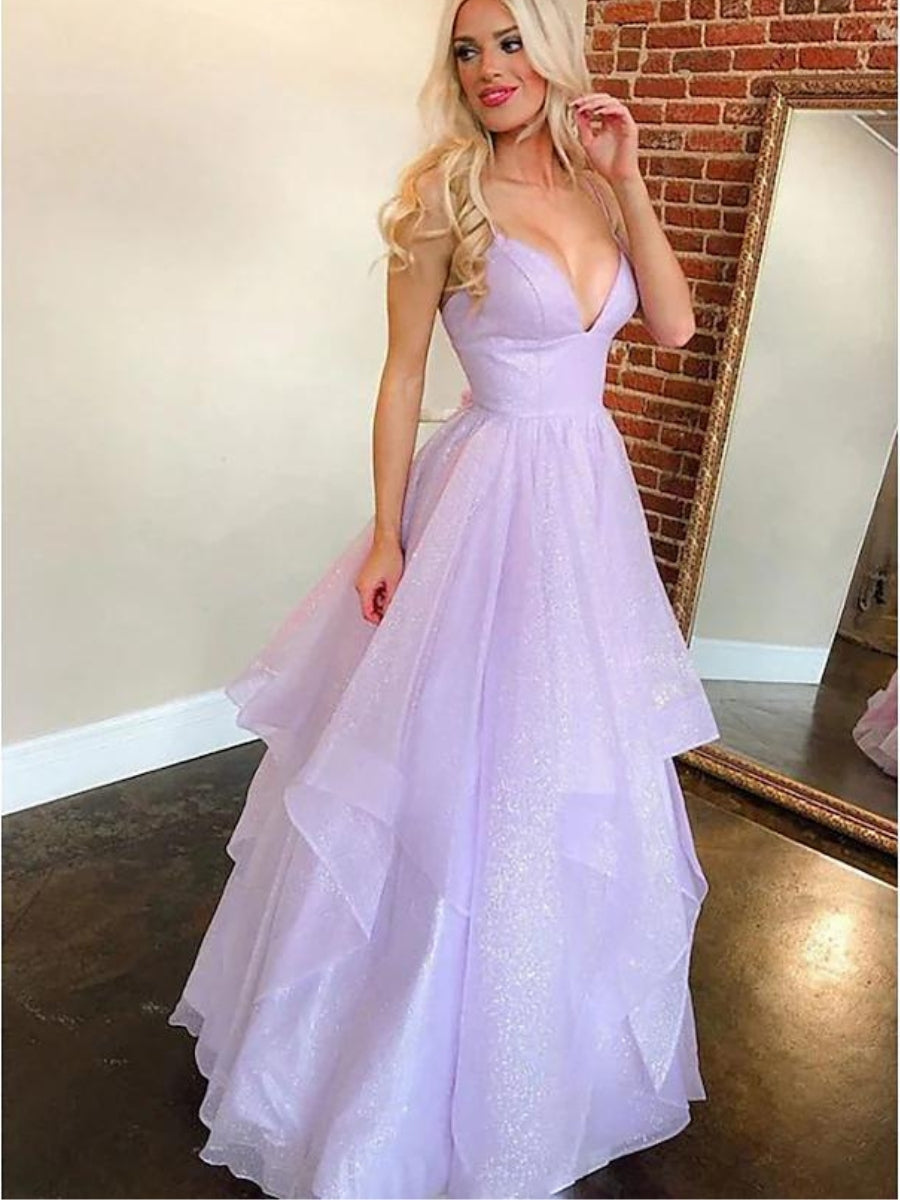 Deep V Neck Layered Tulle Prom Dress With Back Cutout