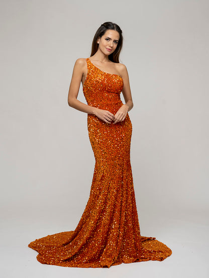 Straps Back One Shoulder Sequin Fitted Prom Dresses