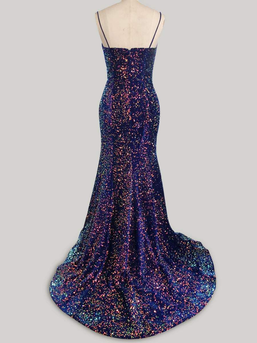 Mermaid Spaghetti Straps Long Sweep Train Velvet Sequin Prom Dress