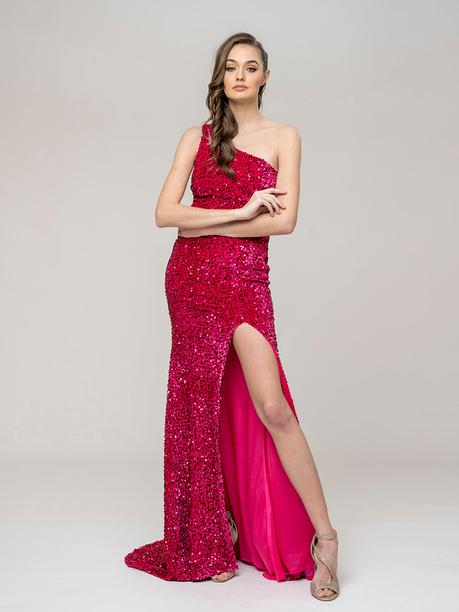 Side Split Sequin One Shoulder Fitted Long Prom Dresses – Yelure