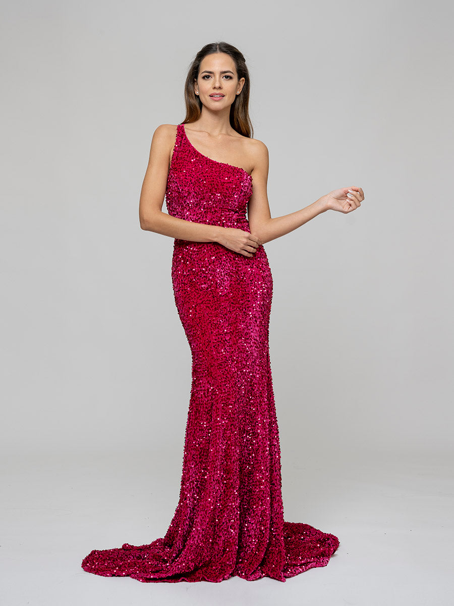 2023 Sparkly One Shoulder Sequin Sheath Prom Dresses With Sweep Train –  Yelure