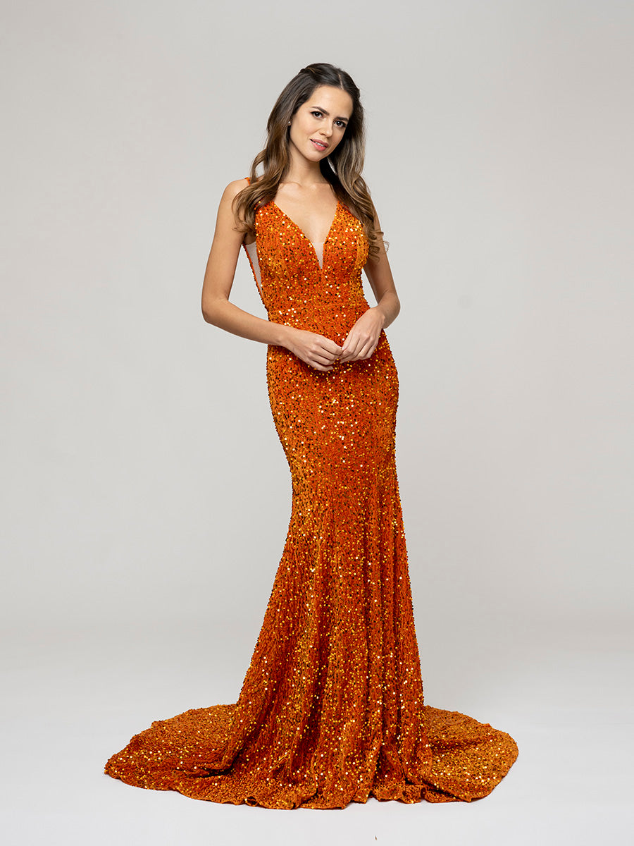 Sexy V Neck Tight Long Prom Dresses With Sequins and Sweep Train